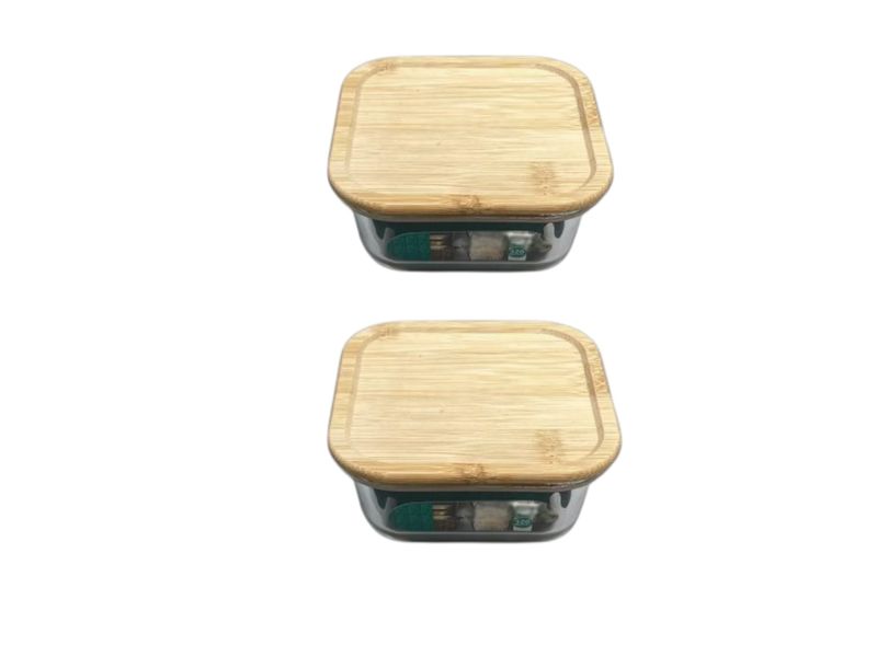 320ml Square Glass Storage Bowl with Bamboo Lid - Set of 2