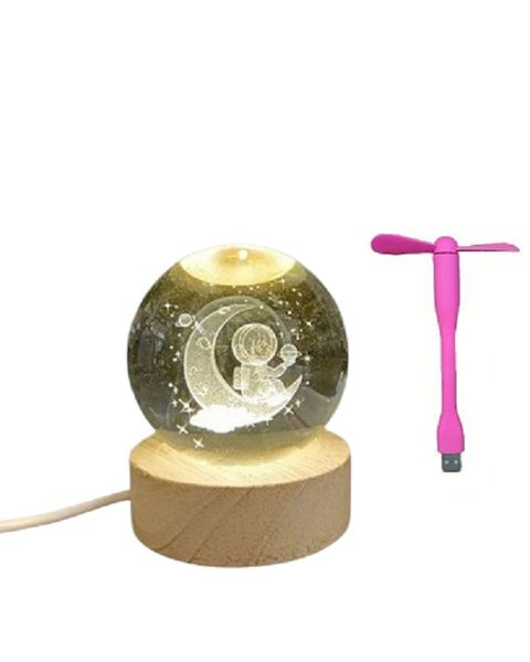 3D Astronaut with Moon Figurine Crystal Ball Lamp And USB Mini Fan
