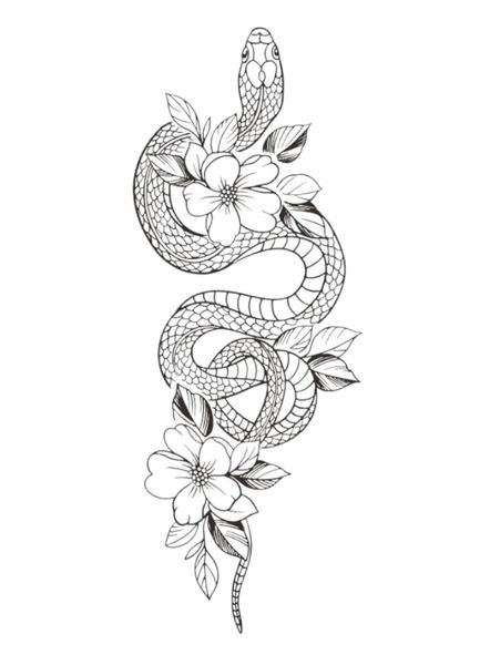 1 Piece - Coiled Snake And Floral Design Temporary Tattoo - Black