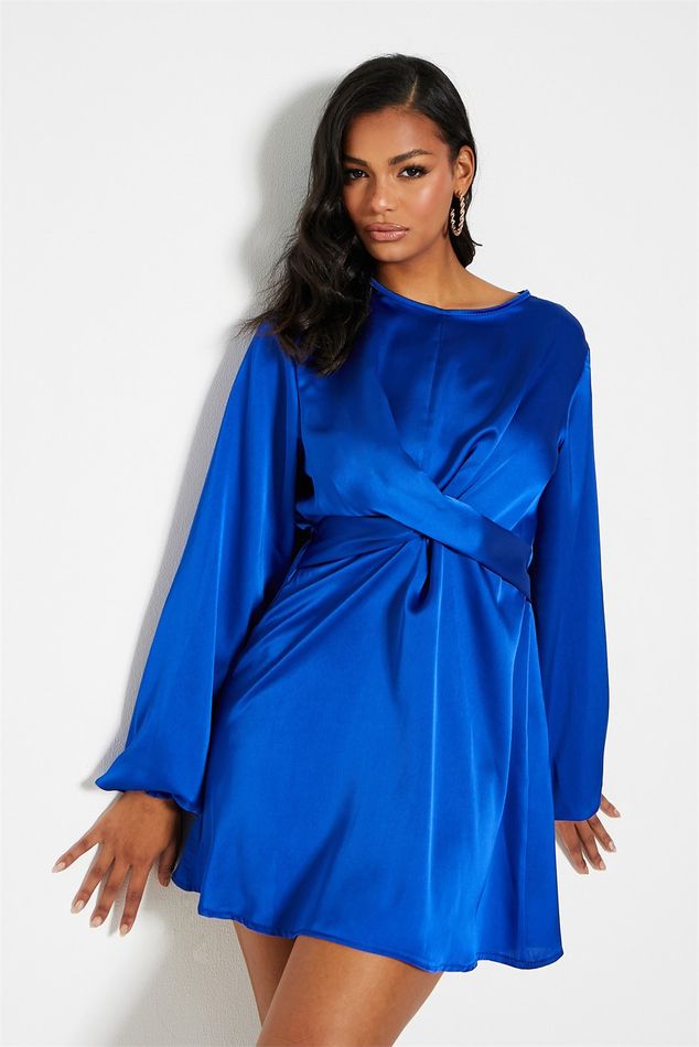 I Saw It First Ladies - Blue Satin Twist Front Skater Mini Dress | Shop ...