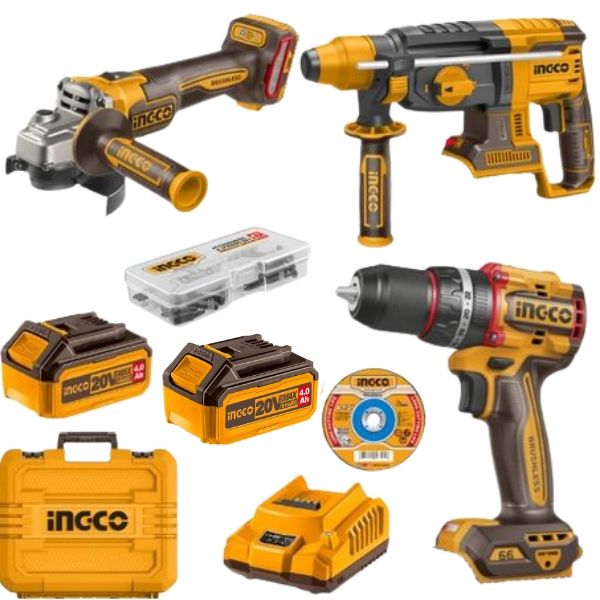 Ingco - Impact Drill, Grinder, Rotary Drill with 2x 4Ah Battery and Charger