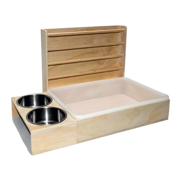 Pet 3 in 1 Wooden Rabbit Hay Feeder with Litter Box And Bowls