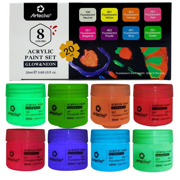Artecho 8 colour Neon UV Glow in the Dark Acylic Paint Set (20ml)