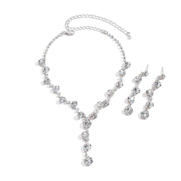 Silver Jewelry Set Crystal Necklace Earrings Rhinestone Costume Jewelry