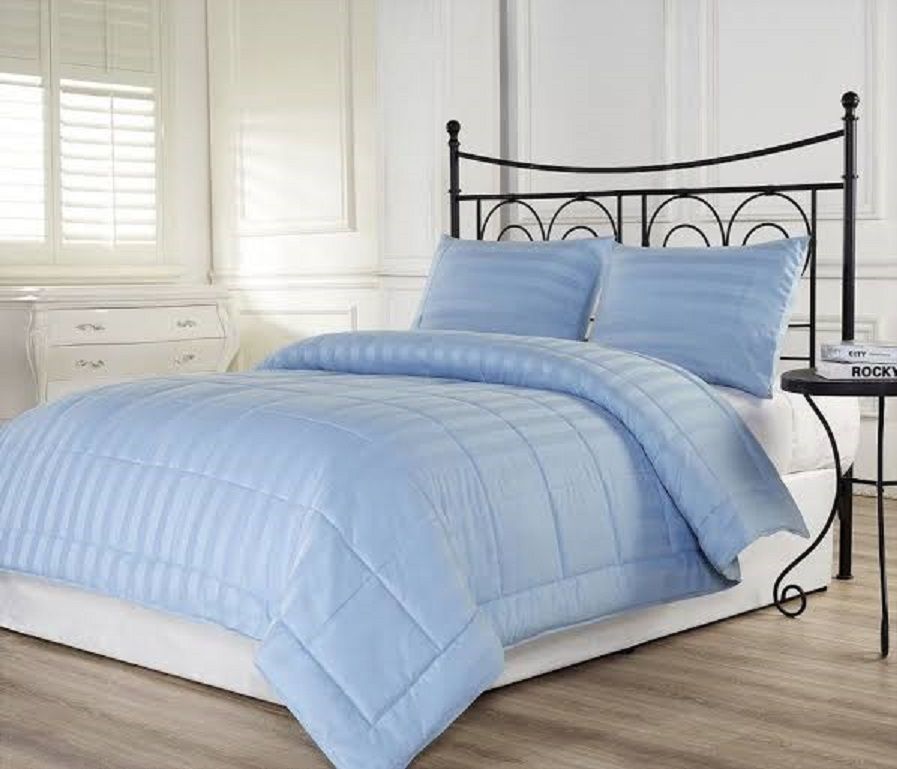 light blue and white striped comforter set