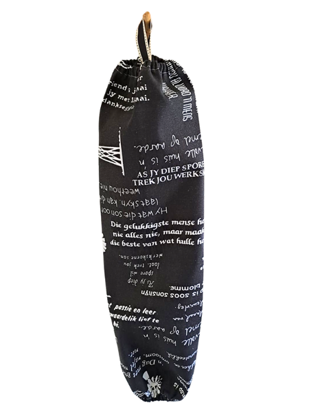 Black Plastic Bag Holder with White Windmills and Afrikaans Words