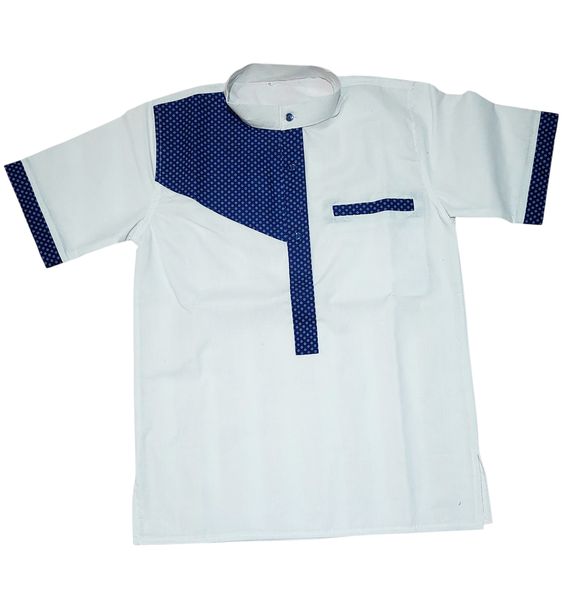 African Traditional Collar/Short Sleeve Shirt For Men - Dark Blue Pattern