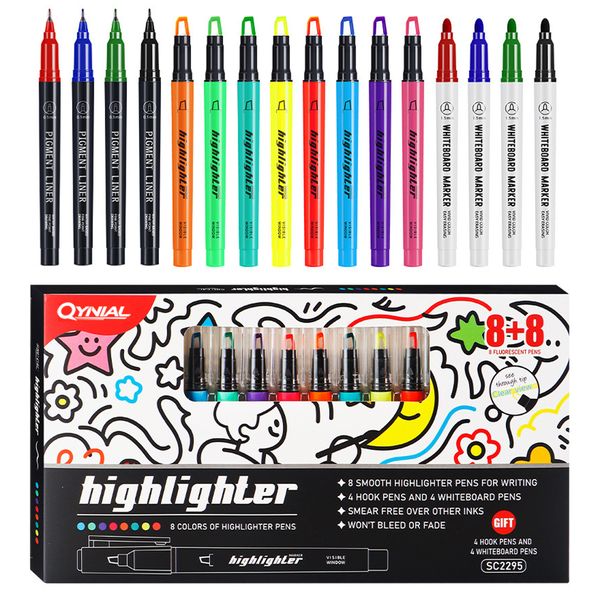 QYNIAL Highlighter Pen Set 16 Pack Assorted Fluorescent Markers Tip Styles