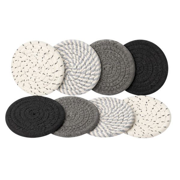 8 Piece - Round Woven Drink Coaster Set - Monochrome