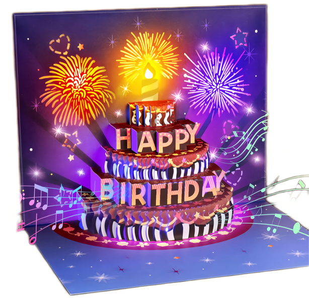 3D Pop-up Birthday Cake Card with Sound and Color-changing Fireworks