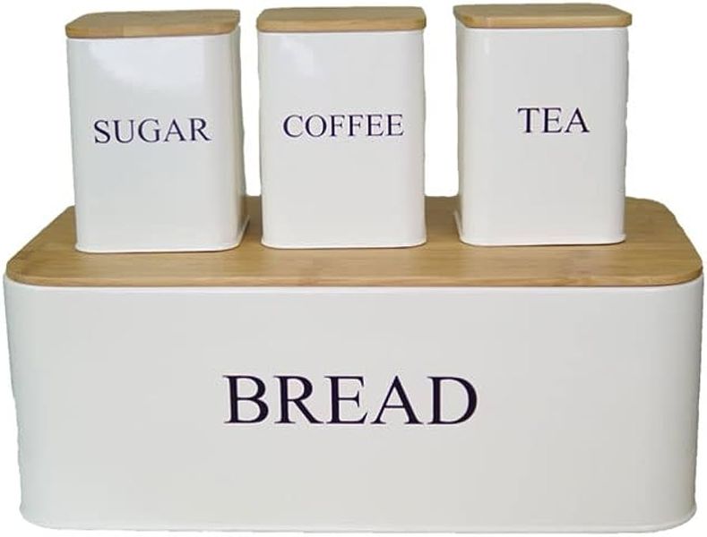 Breadbin Steel Design - With Bamboo Lid - With 3 Piece Canister Set