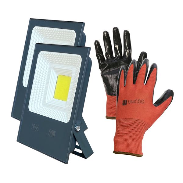 Unicoo Gloves and 2 FLQ 50W COB LED Flood Lights Value Pack