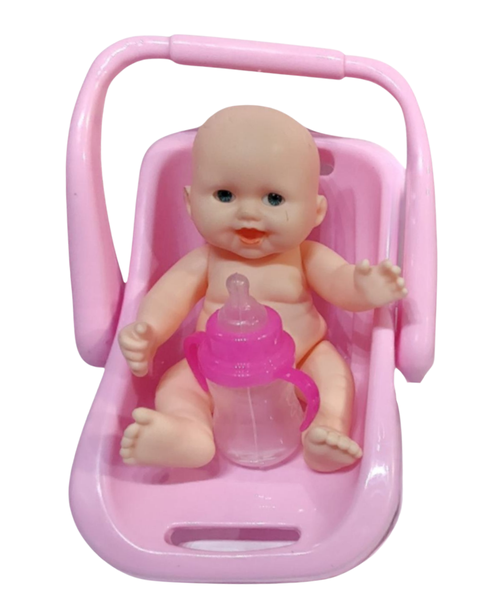 Baby In Carrier With Feeding Bottle.