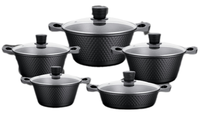 Royal High Qualty Aluminum Die Cast 10 Piece Pot Set Diamond Embossed Black