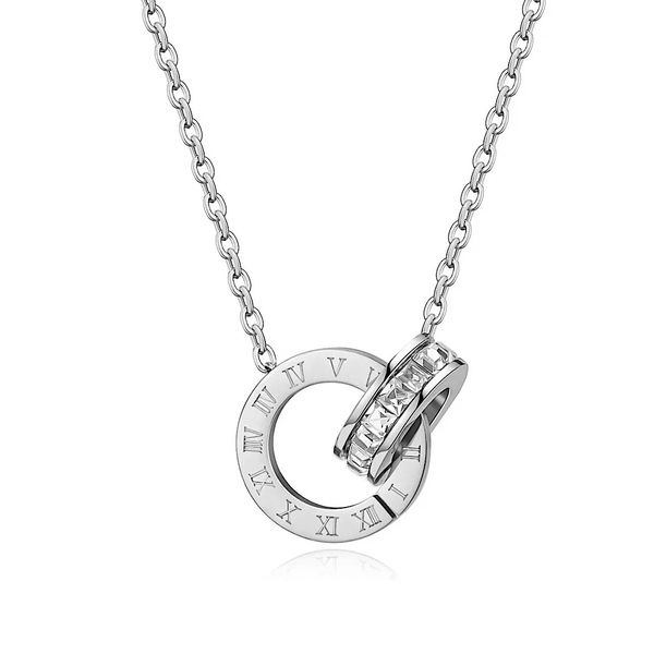 Julia Necklace - Classic Roman Numeral Double Ring Pendant in "Silver