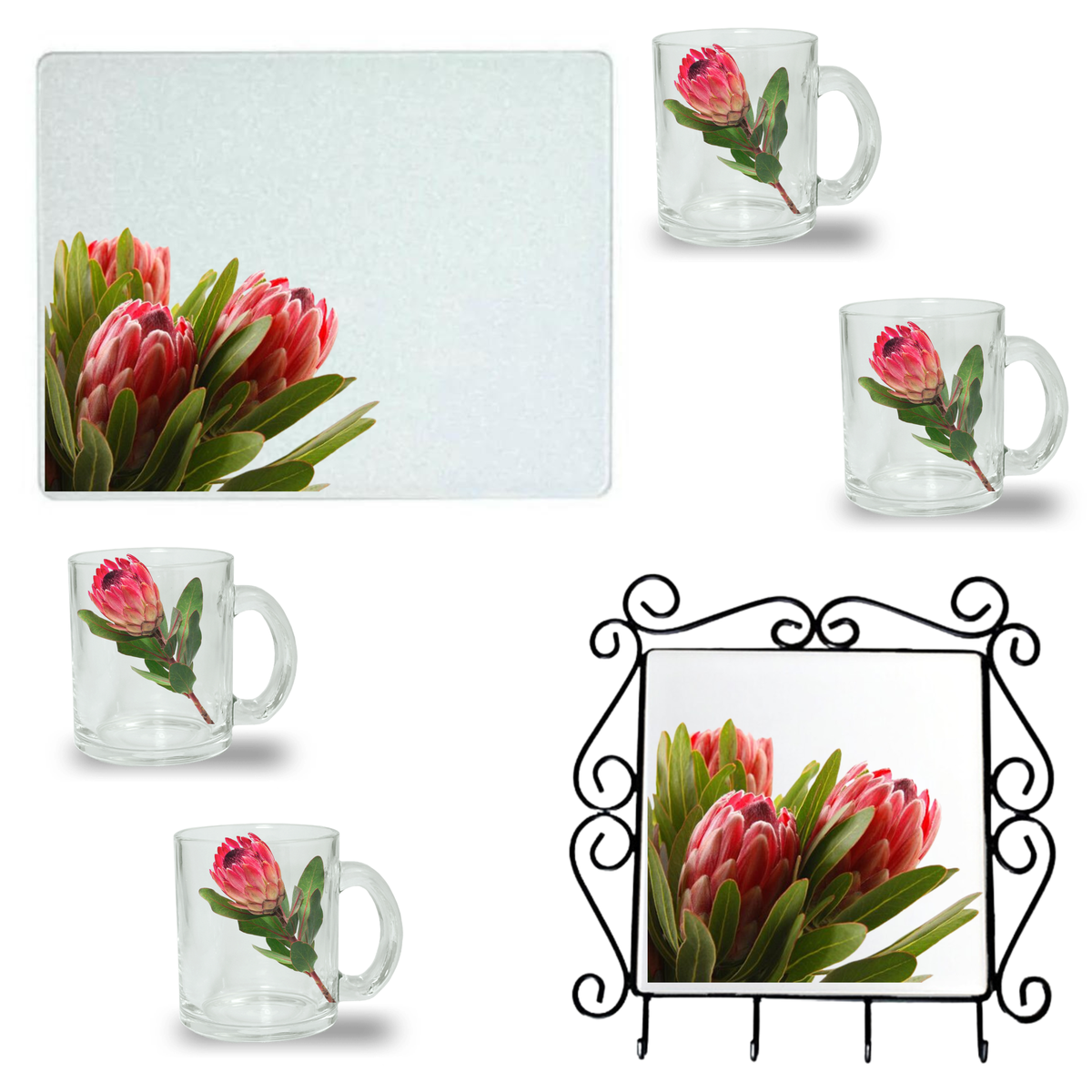 Protea flowers printed cutting board tile with frame mug set