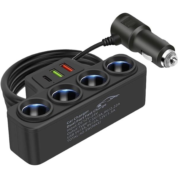 7-in-1 Car Charger - 4 Cigarette Lighter + PD + QC3.0 + 3.1A USB