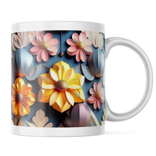 Ceramic 3D Yellow and Pink Flowers Mug - White - 11 OZ