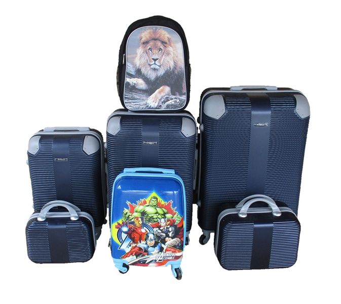 5-Piece Luggage Set-Navy ABS Trolleys + Avengers Kids Case &amp; Lion Schoolbag