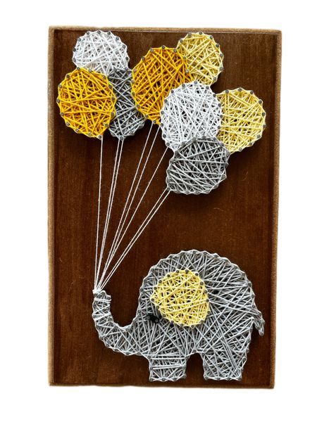 Baby Elephant in String Art Holding Yellow Balloons Nursery Room Wall Decor
