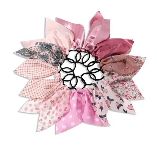 Flower Print Pattern Scarf Hair Ties - Pink