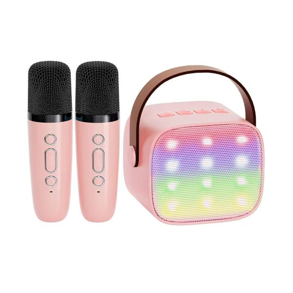 New Bluetooth Speaker Mini Karaoke Loudspeaker with 2P Mic for Kids - Pink