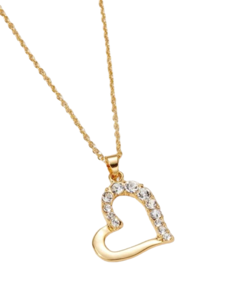 Ladies Gold Necklace with Rhinestone Decor Heart Pendant