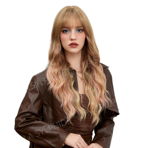 Women's Brown Gradient Bangs Wig - Long Curly Hairpiece