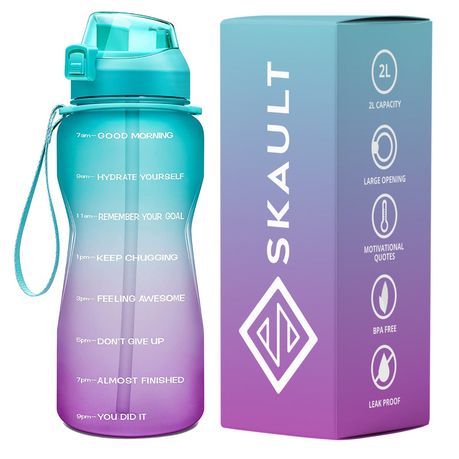 SKAULT - Large 2L Motivational Water Bottle Time Markers and Straw