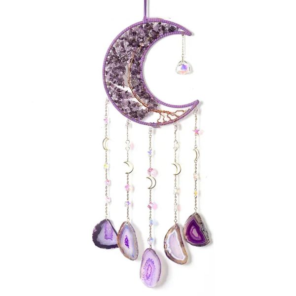 Natural Agate Moon Dream Catcher,SunCatcher Pendant,Hanging for Home Garden