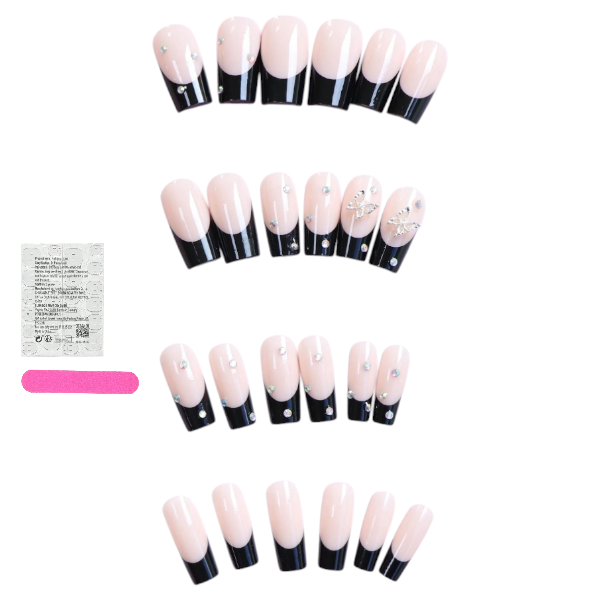 24Pcs French Tip Press-On Nails with Rhinestone Embellishments - Black