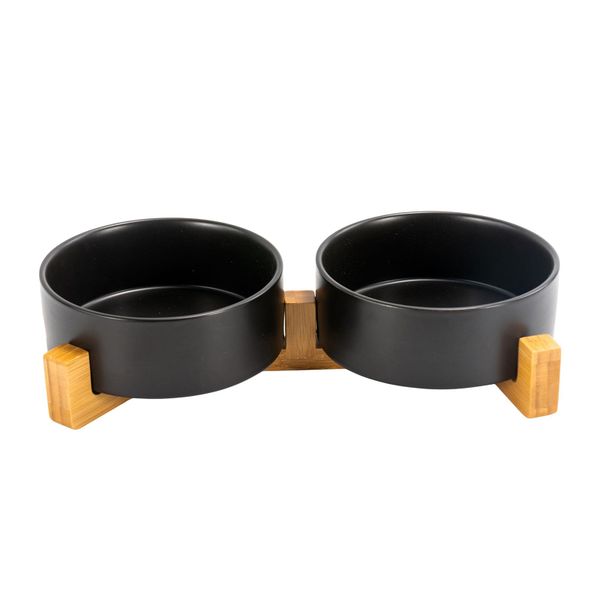 Ceramic Dog and Cat Bowl Set with Wooden Stand