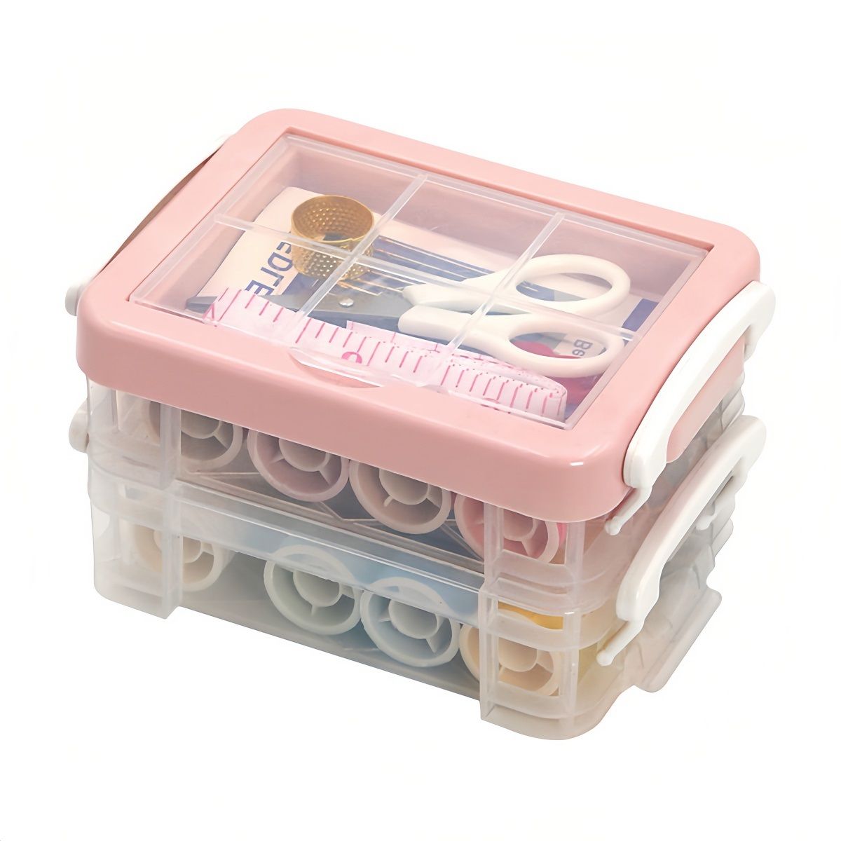 Double Layers Sewing Kit Craft Spools with Sewing Case Storage - Pink