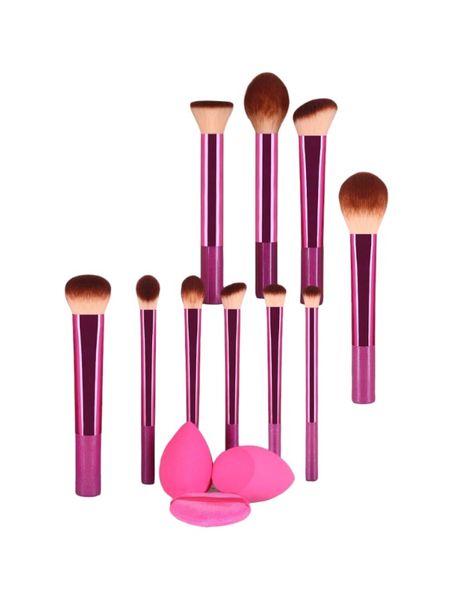 13-Piece Makeup Brush Set with Pink Beauty Sponges - Metallic Pink