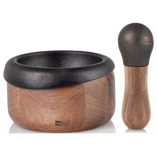 AdHoc Mortar and Pestle: Cast Iron and Acacia Wood CRUSH – 2 Pieces