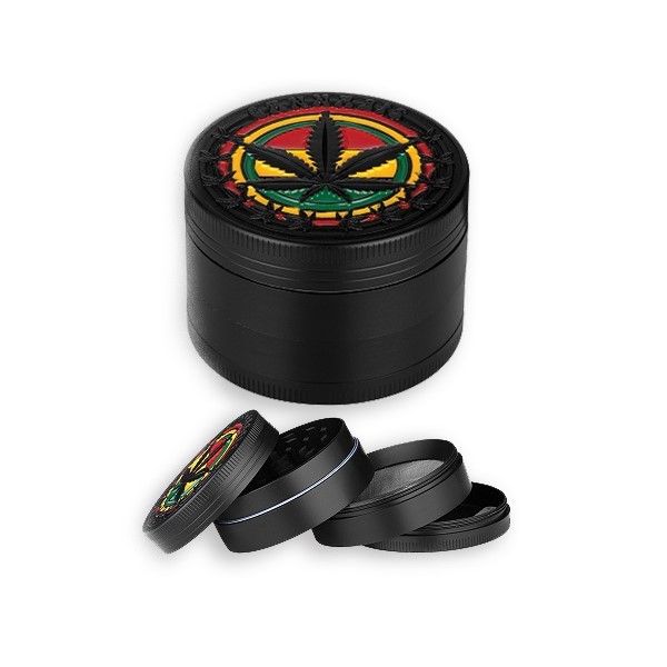 Herb Grinder 4 Piece Aluminum 50 x 34mm - Black Rasta Leaf