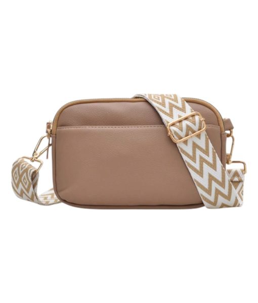 Double-Zip Crossbody Bag With Front Pouch &amp; Patterned Strap - Khaki