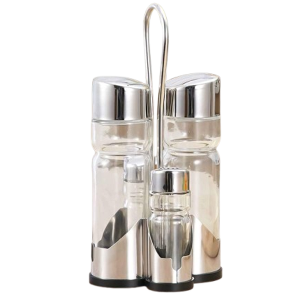 4-Piece Kitchen Glass Cruet &amp; Seasoning Rack with Stainless Steel Caddy
