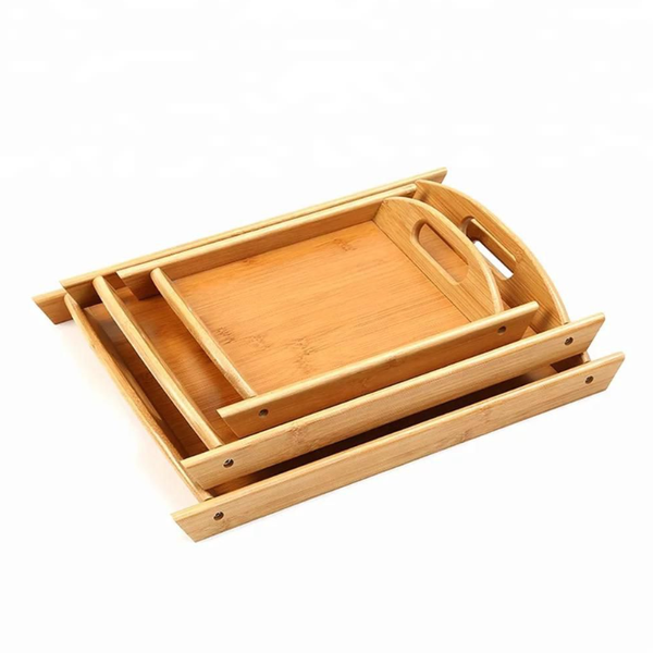 Set of 3 Bamboo Serving Tray with Cut Out Handles - L