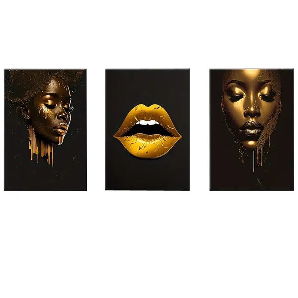 Canvas-Art-3 Pieces Goldern Face &amp; Lips Black Decorative Wall Art