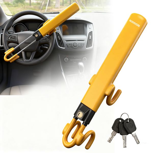 Steering Wheel Lock, Heavy Duty Anti-Theft Car Device, Double Hooks Design