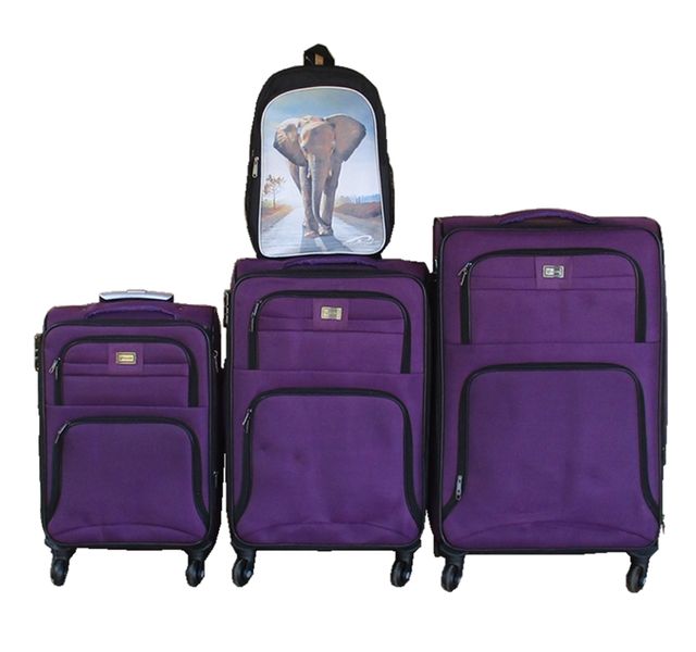 Purple 3-Piece Expandable Fabric Spinner Luggage Set with Two-Tone Backpack