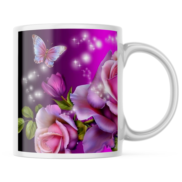 Ceramic 3D Pink Purple Butterfly Mug - White - 11 OZ