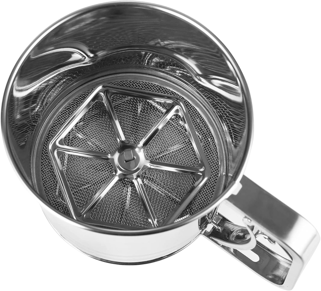 3 Cup Stainless Steel Flour Sifter with Hand Press &amp; Double Mesh