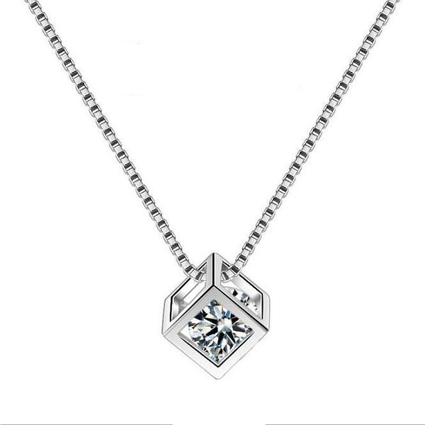Sterling Silver Hollow Cube Zircon Pendant &amp; Necklace