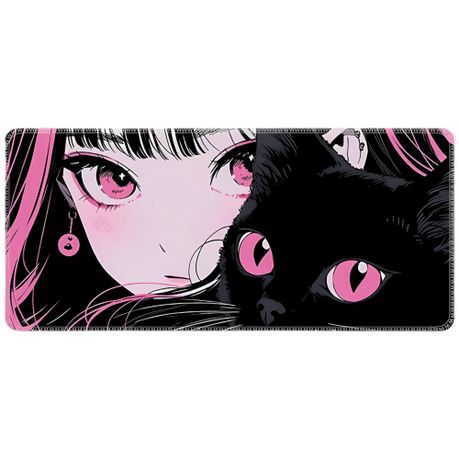 XL Gaming Mouse Pad - Cute Anime Girl and Cat, Neon Pink & Black Image