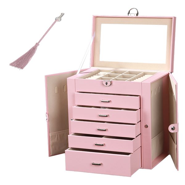 PU Leather 6-Layer Two Side Door Jewelry Organizer Boxes with Mirror