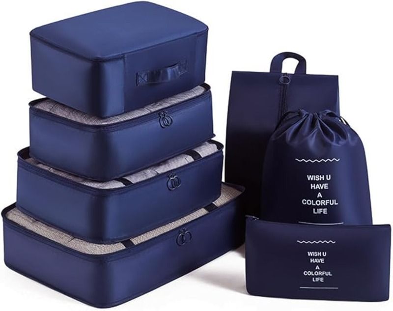 7 Set Travel Packing Cubes Luggage Organizers with Shoe Bag, Navy Blue