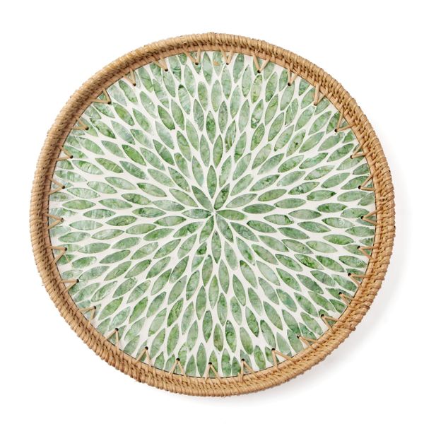 Round Rattan Tray with Mother of Pearl Inlay,Handmade,Bohemian style-2Pices