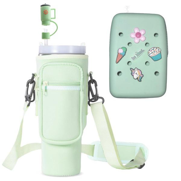 Light Green Tumbler Travel Cup Carrier w/ Straw Cover Phone Pouch &amp; Charms